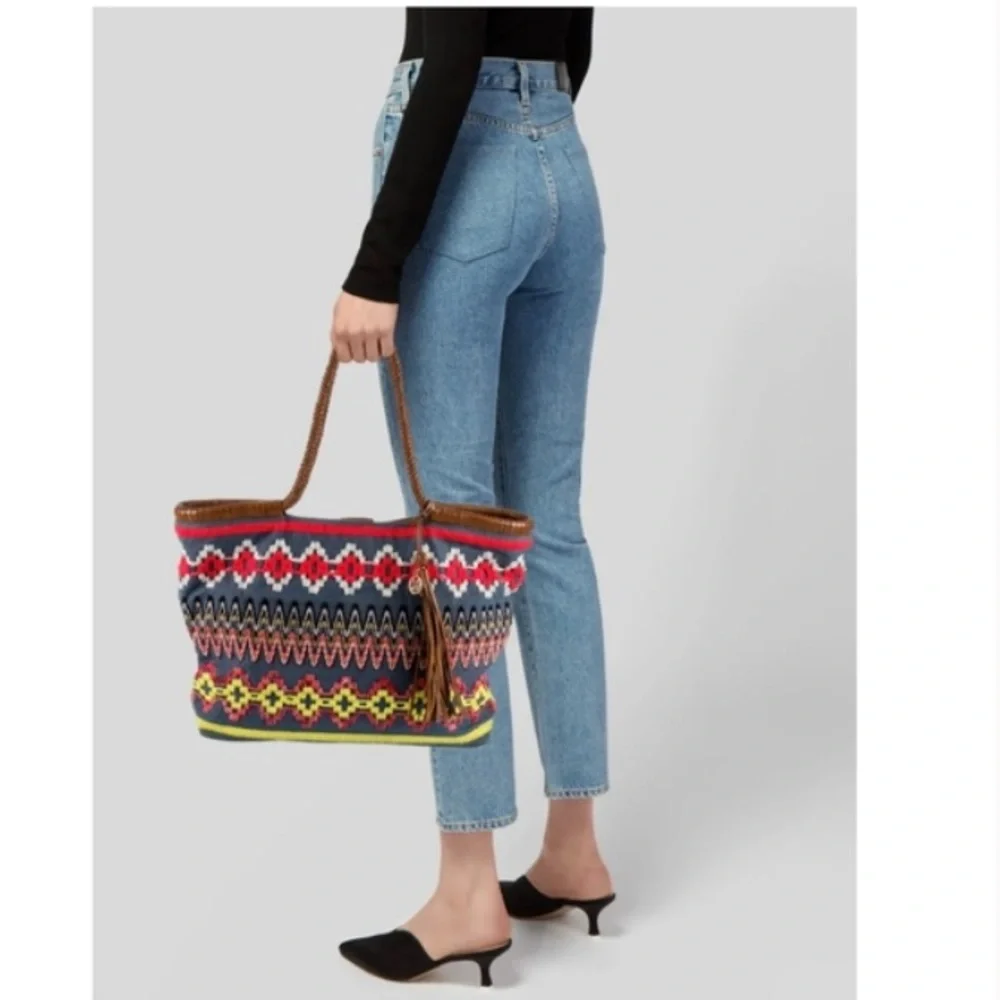 Tory Burch Taylor Aztec Linen Tote with Calf Leather.
